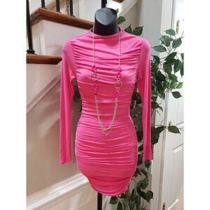 Naked Wardrobe Women's Pink Viscose Open Back Long Sleeve Knee Length Dress XS